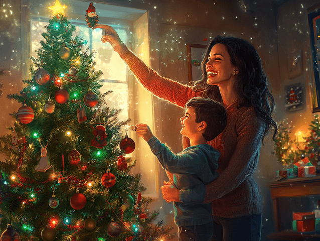 A mother and son sharing a heartfelt hug in a festive holiday setting