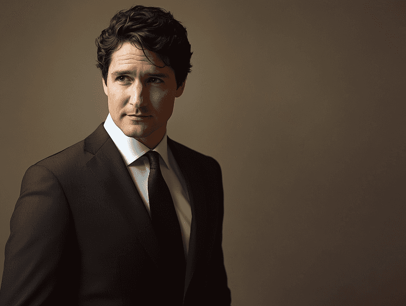 A serious portrait of Justin Trudeau in a formal setting
