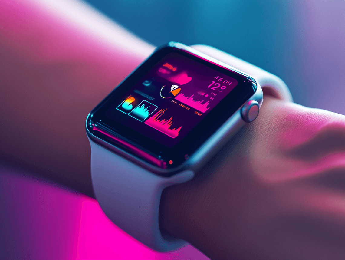 A sleek fitness tracker on a wrist with a vibrant display showing health metrics