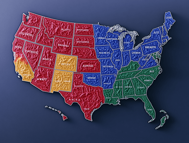 A map of the United States highlighting key battleground states in the 2024 election