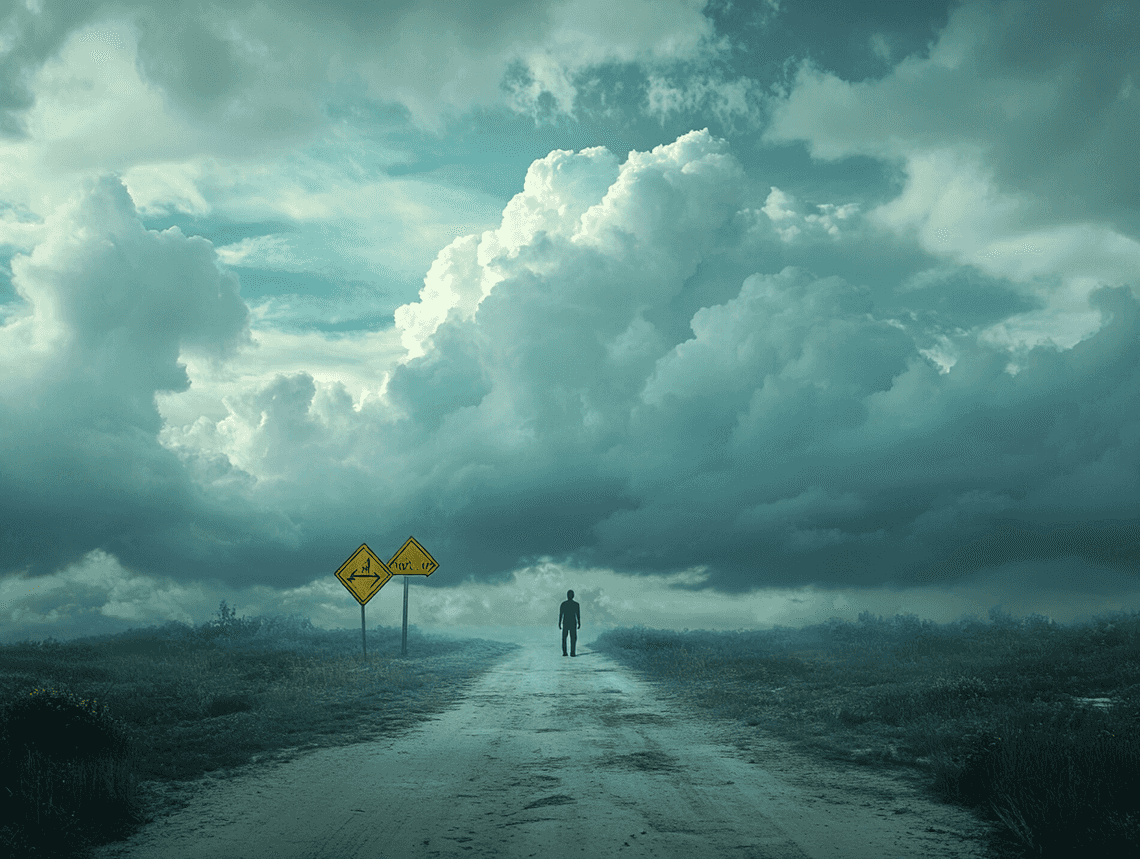 A photorealistic image of a person standing at a crossroads, symbolizing uncertainty and future decisions