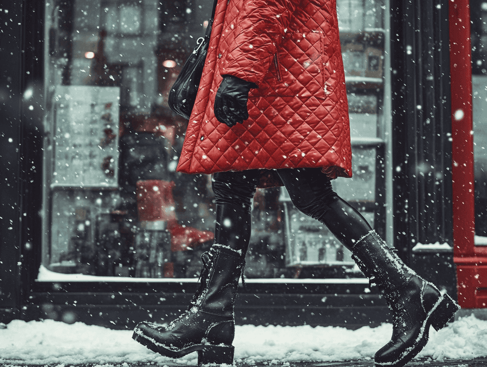 A shopper browsing winter fashion items in a boutique
