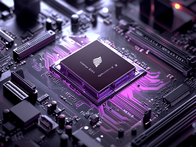 A courtroom illustration with tech logos representing Qualcomm and ARM