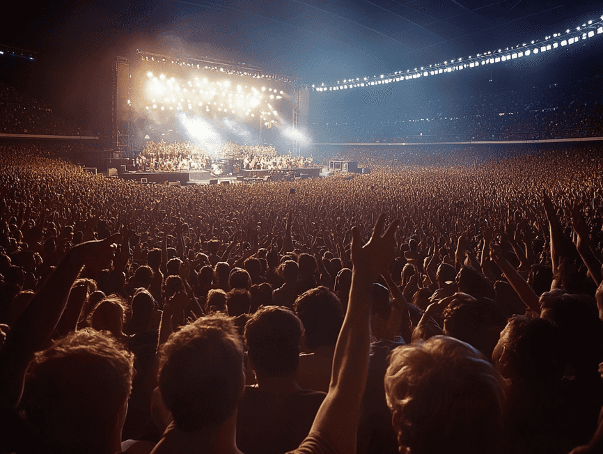 A photorealistic image of a charity concert with a large audience