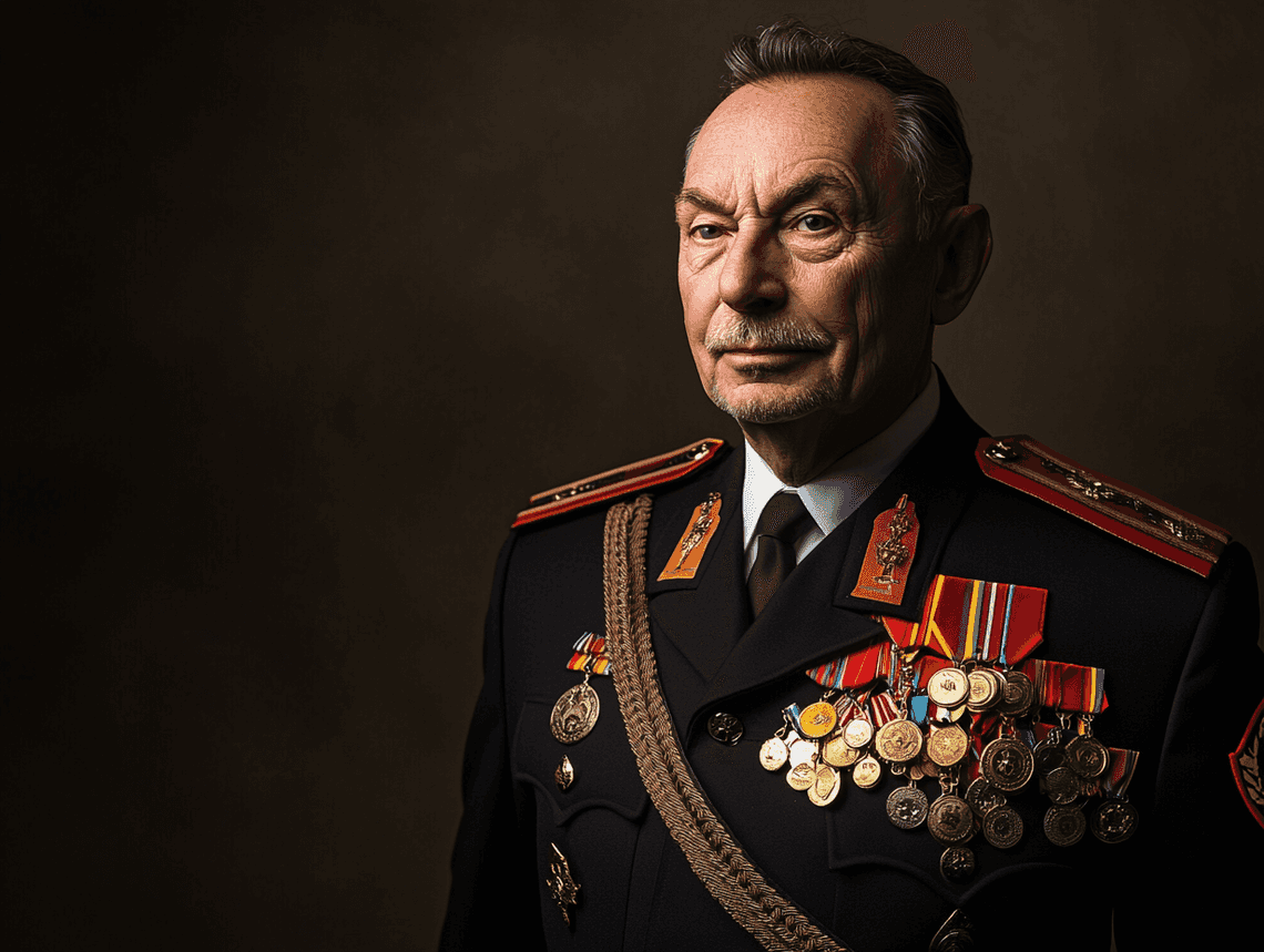 A decorated military officer standing in full uniform, with medals and ribbons displayed prominently.