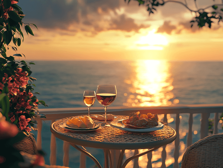 A cozy Airbnb balcony overlooking the ocean at sunset