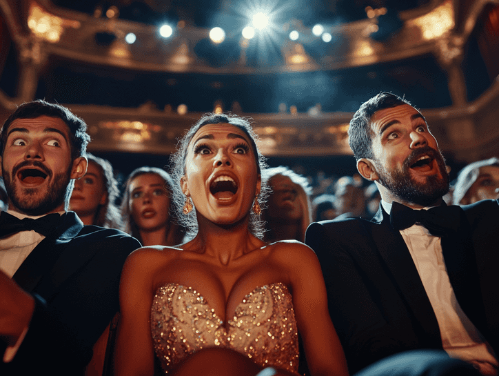 A dramatic moment of actors reacting to awards announcements