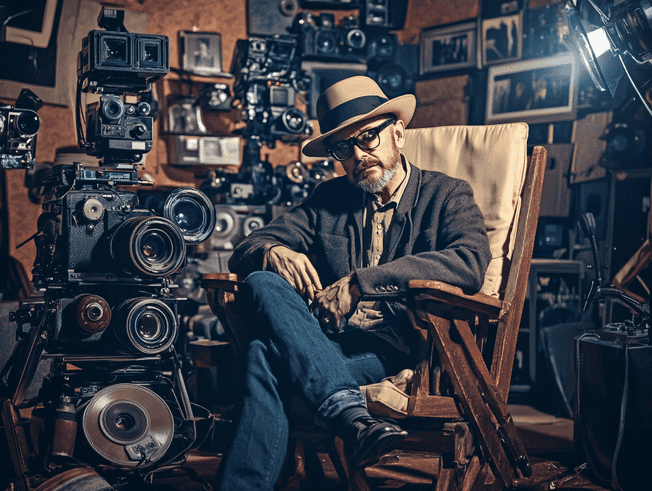 A portrait of Jeff Baena, a visionary filmmaker, set against a backdrop of film reels and cameras