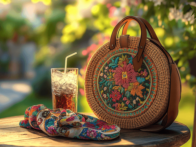 A pair of oversized sunglasses resting on a beach towel with a sunny backdrop