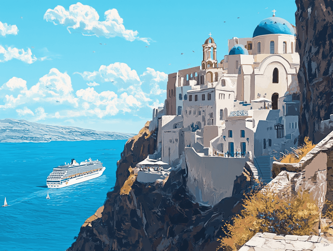 A panoramic view of Santorini, Greece, with white buildings and a blue sea