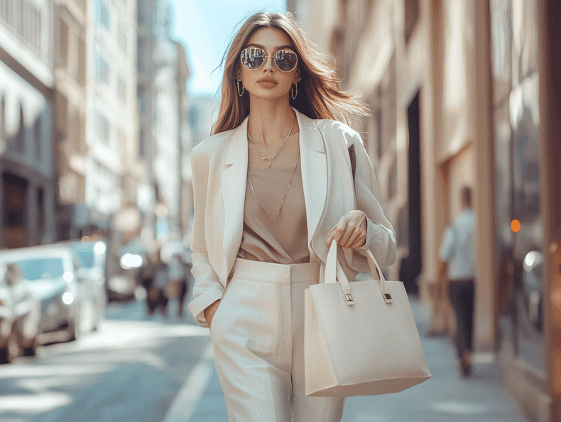 A fashionable woman holding a structured tote bag while walking down a city street