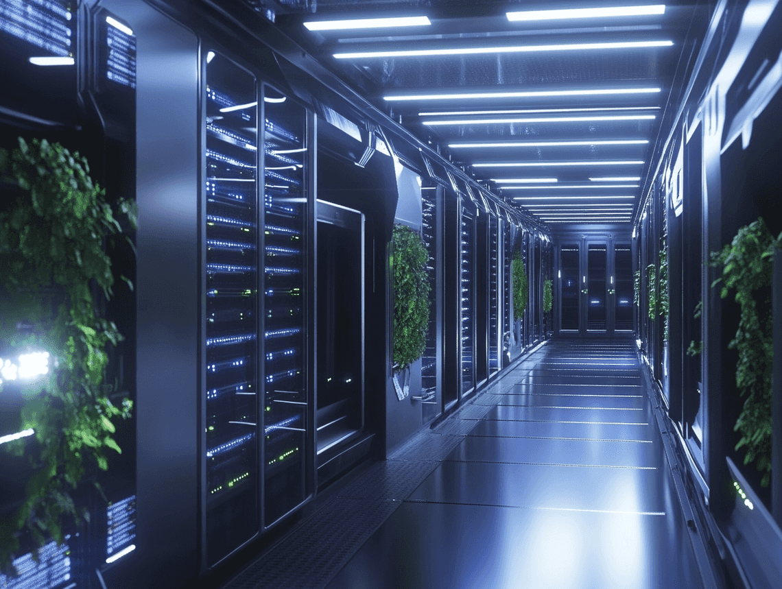 A data center with rows of servers powered by advanced chiplet-based processors