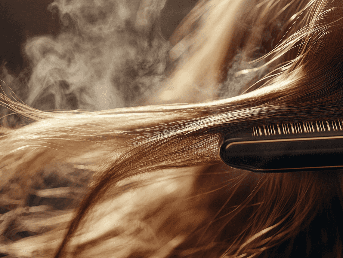 A close-up of shiny, healthy hair styled with a curling iron