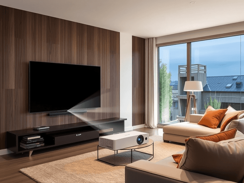 A sleek LG projector blending into a modern living room