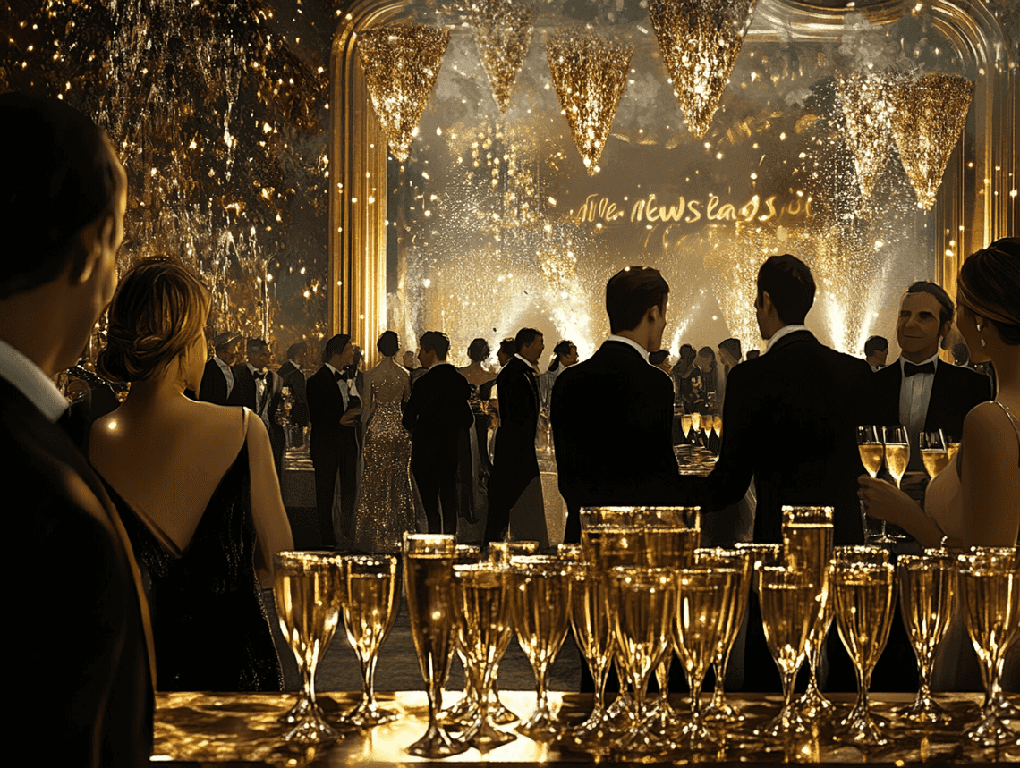 A photorealistic image of a glamorous New Year’s celebration with gold and black decor