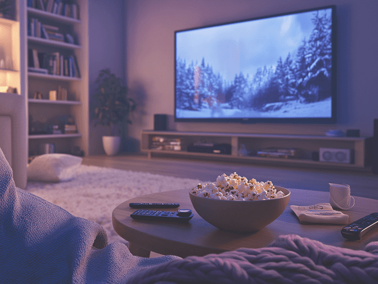 A person sitting on a couch with a bowl of popcorn, watching a movie on a large TV