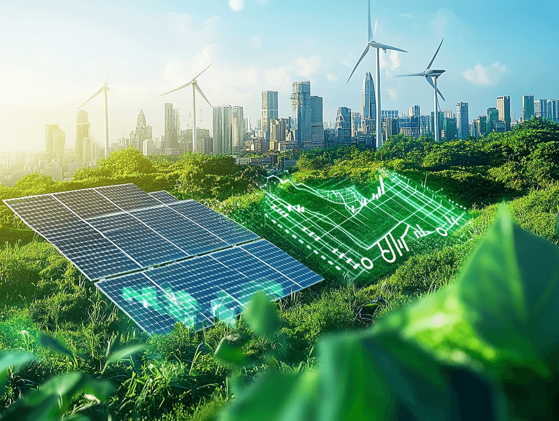 A sustainable investment concept with green graphs and eco-friendly visuals