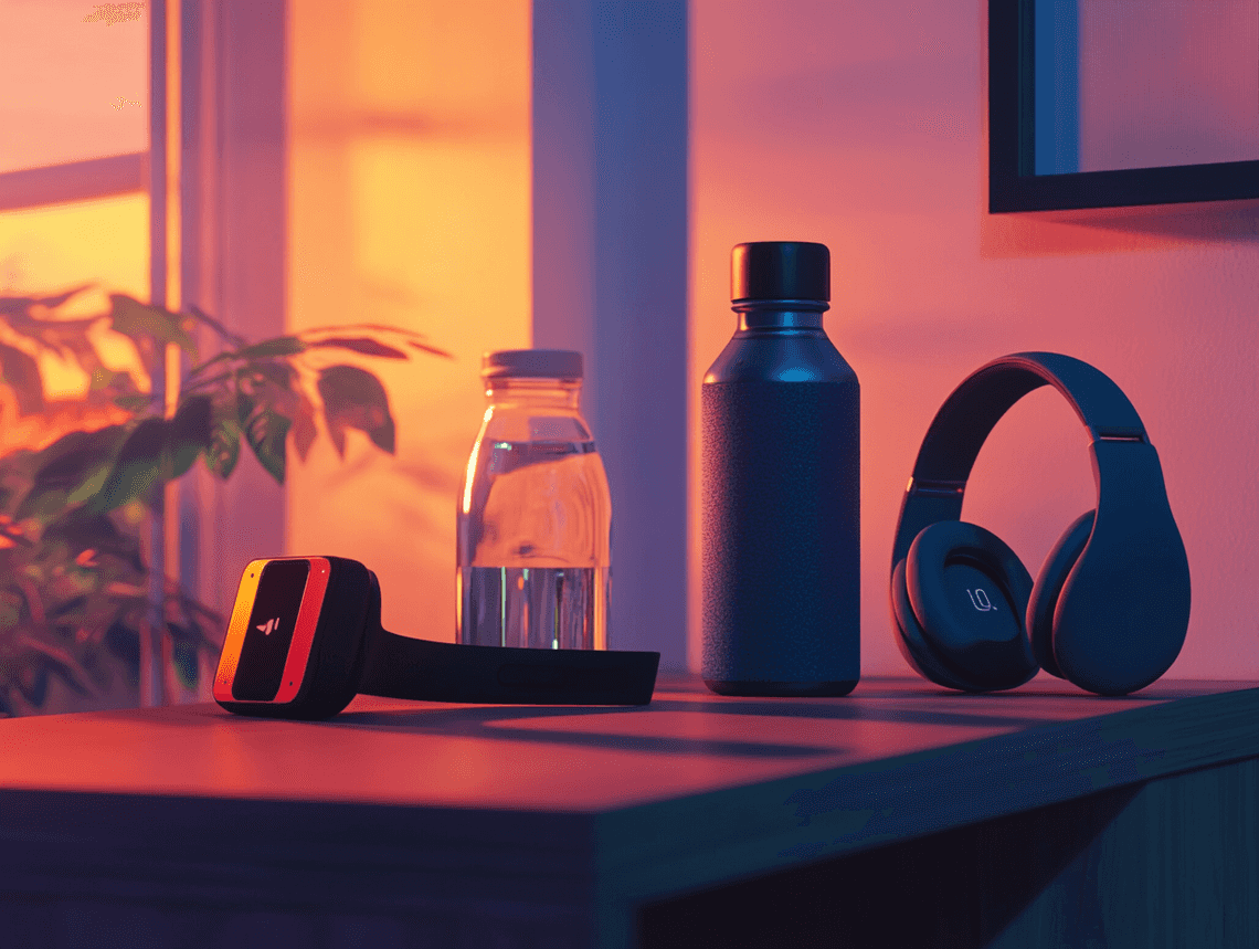 A fitness tracker on a nightstand next to a water bottle and headphones