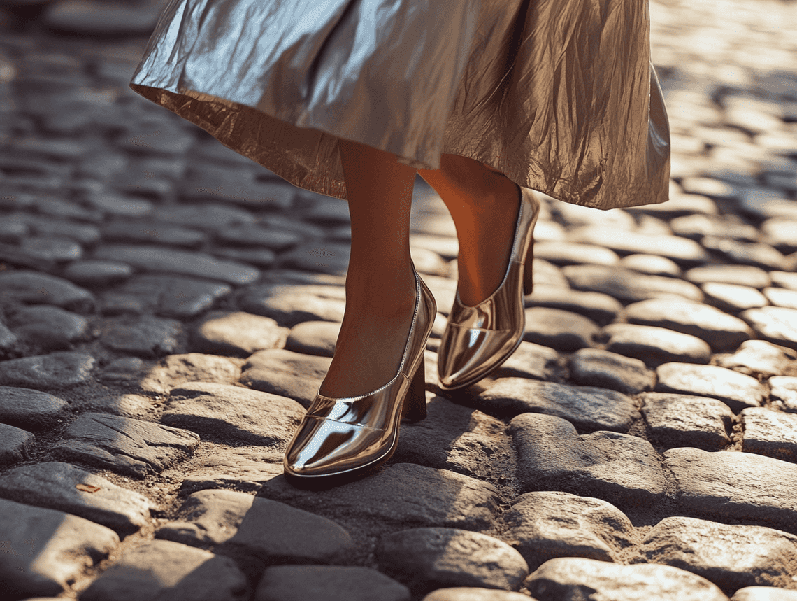 A woman sitting on a bench, adjusting her glove flats while holding a shopping bag