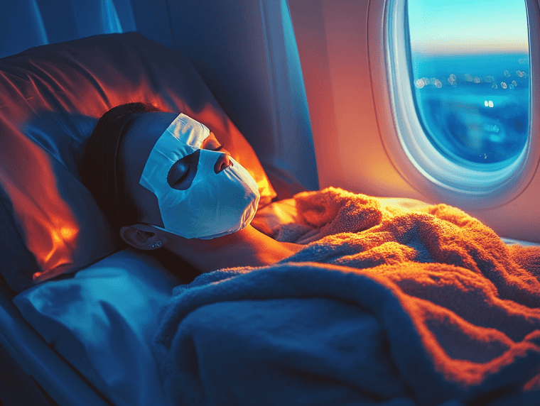 A close-up of travel-sized skincare products neatly arranged on a tray table in an airplane