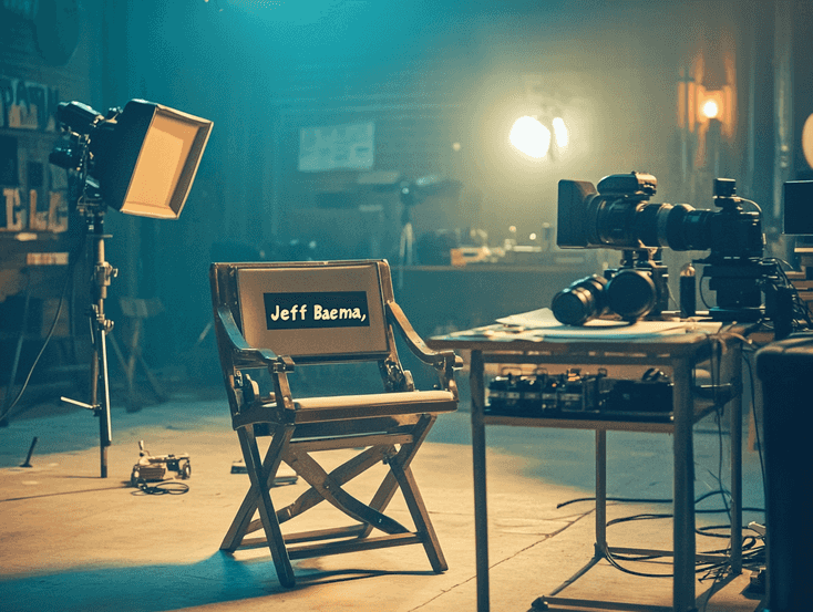 A vibrant image of a film set, with cameras, lights, and a director’s chair labeled "Jeff Baena"