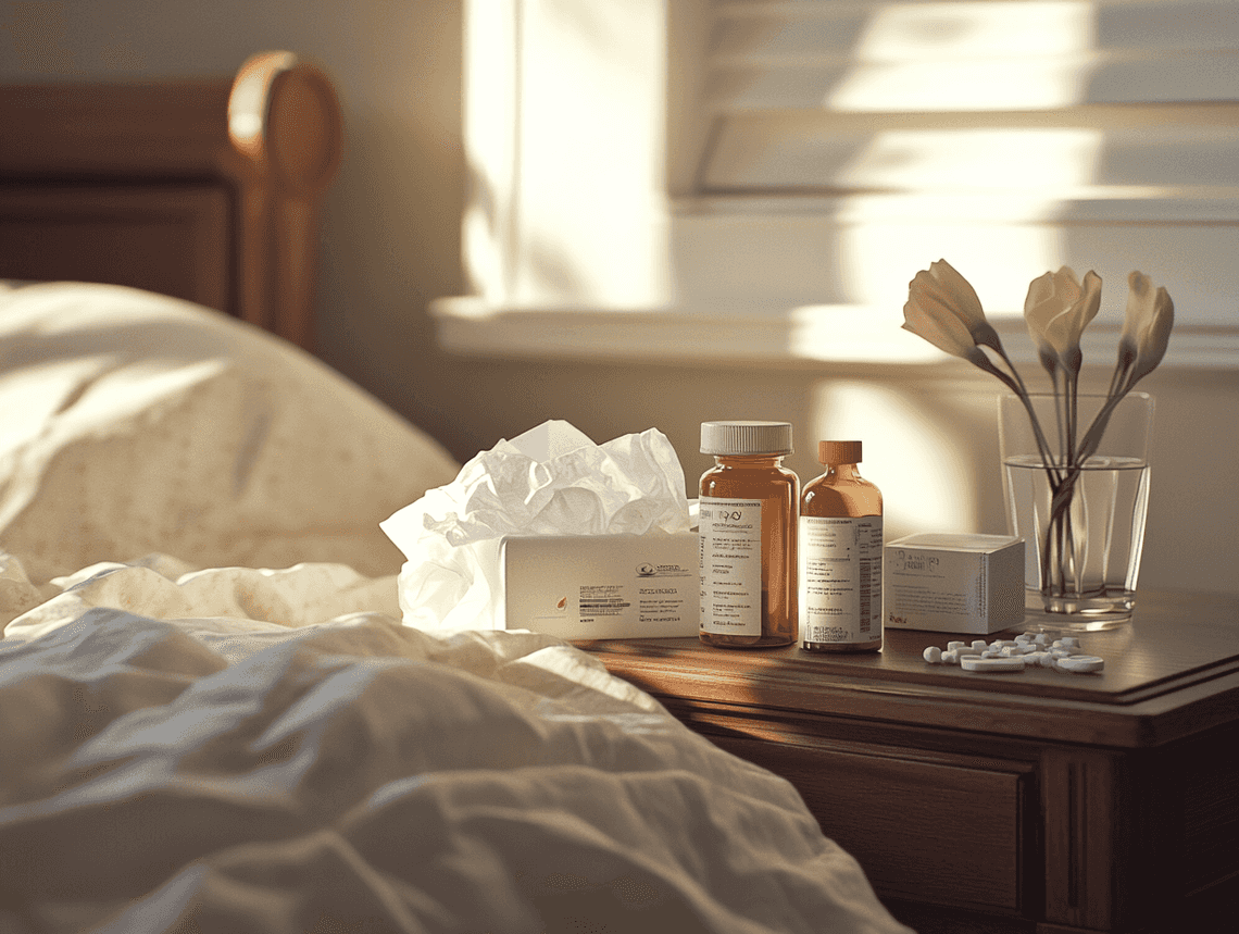 A prescription bottle and a glass of water on a bedside table, symbolizing treatment and recovery
