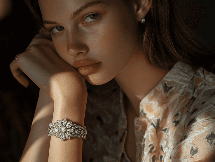 A model wearing the Primerose Secret Watch, showcasing its versatility as both a watch and a bracelet