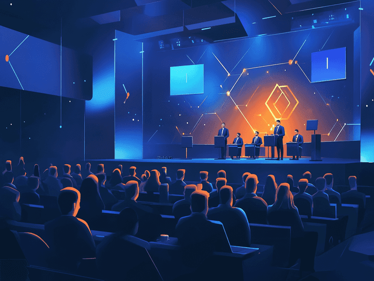 A fintech conference with diverse speakers on stage