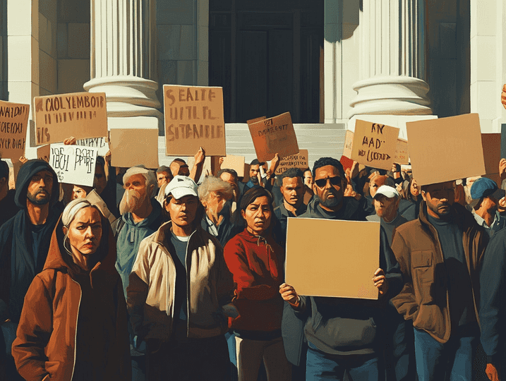 A crowd of protesters holding signs outside a courthouse