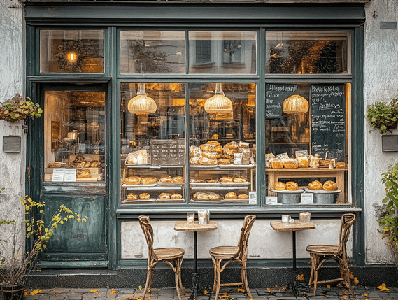 A historic bakery storefront with a cozy, inviting vibe