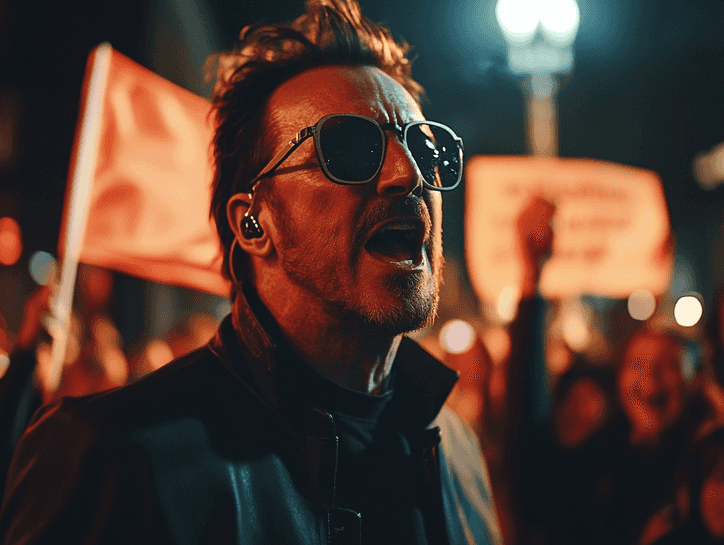 Bono speaking passionately at a global advocacy event, surrounded by supporters