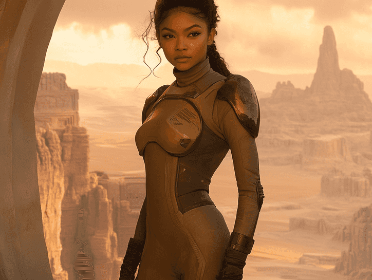 Zendaya standing confidently in her costume, with a futuristic cityscape in the background