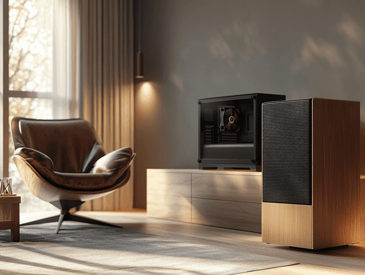 A sleek wooden side table with a hidden gaming PC inside, blending seamlessly into modern home decor