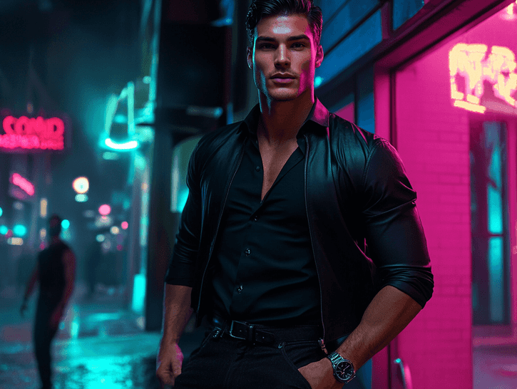 A stylish man and woman standing outside a nightclub, dressed in trendy outfits