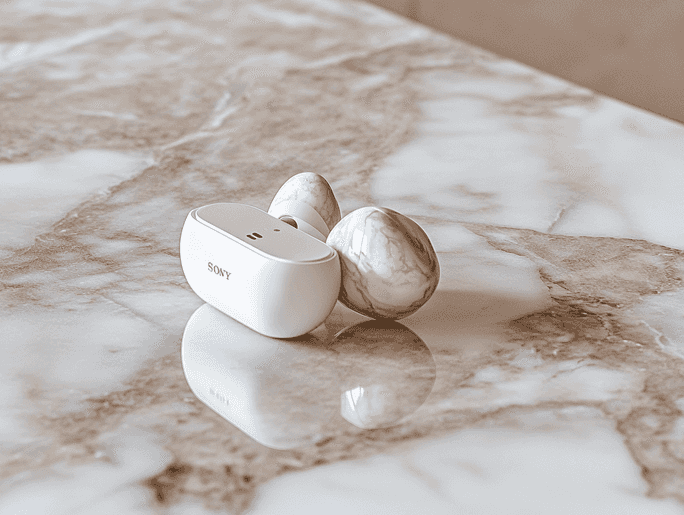 Close-up of Sony headphones with noise-canceling features highlighted