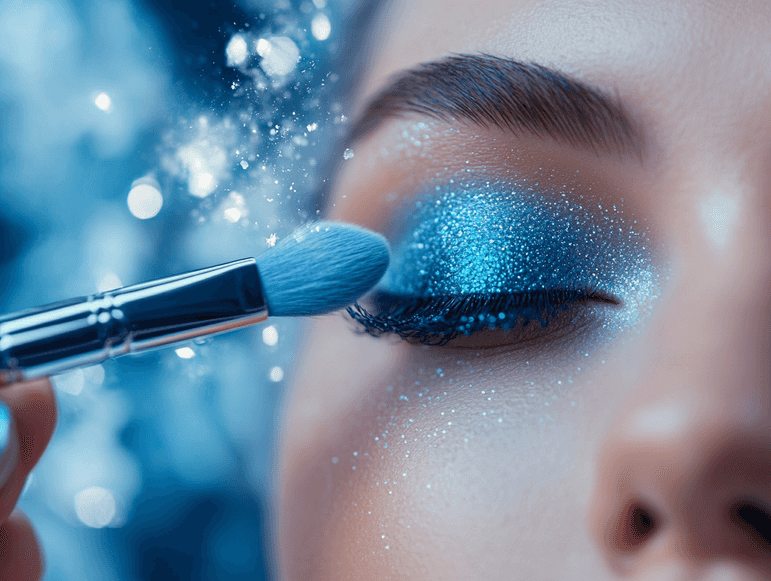 A flat lay of winter makeup essentials, including highlighter and lip gloss