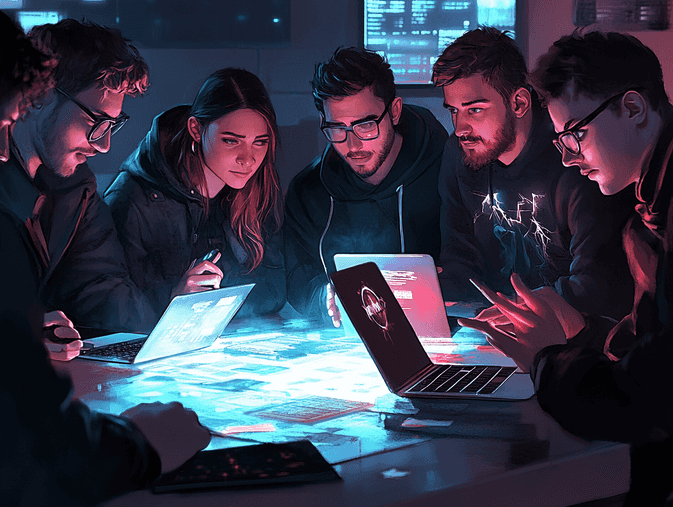 A group of gamers excitedly discussing strategies while using a companion app on their devices