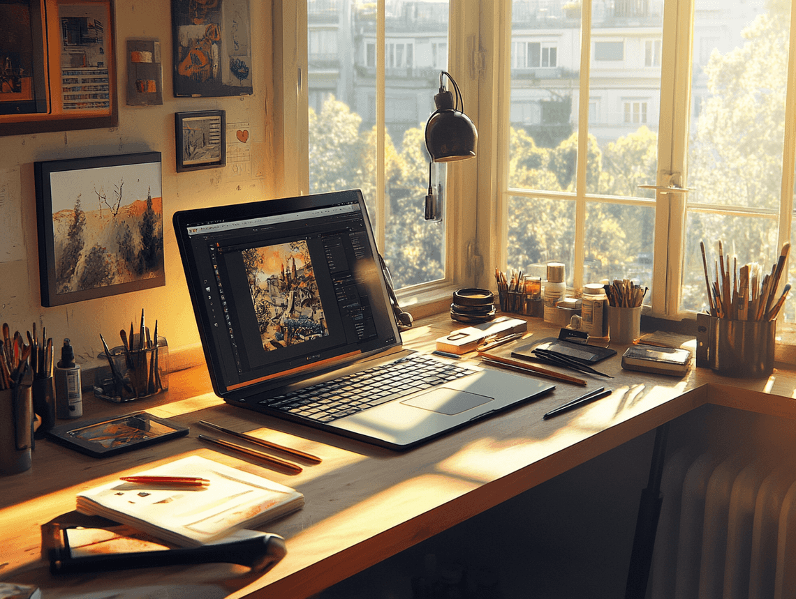 A sleek laptop with various software icons displayed on the screen