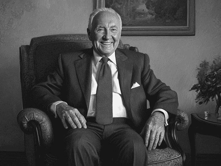 A classic black-and-white portrait of Mike Milligan, smiling warmly, representing his legacy in television