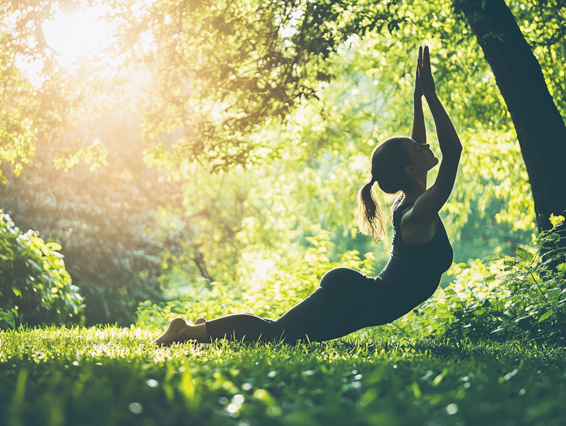 A person stretching their arms upward in a serene outdoor setting
