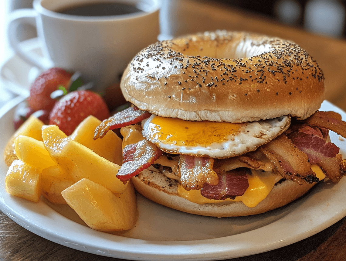 A delicious bagel sandwich with eggs, cheese, and bacon