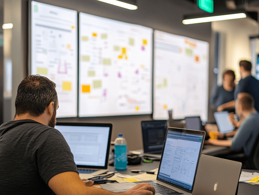 A close-up of a person coding on a laptop with data charts in the background.