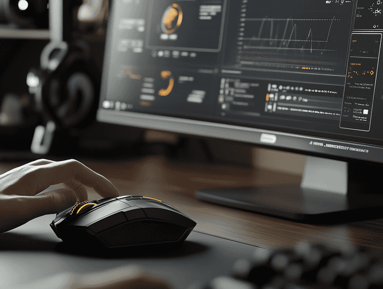 A gamer downloading an app on their PC with a vibrant gaming setup in the background