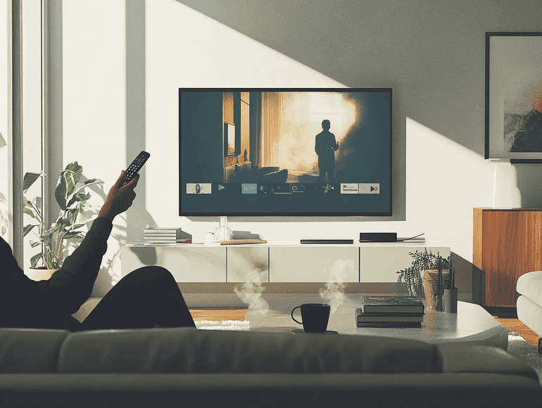 A cozy living room setup with popcorn and a TV showing a popular streaming series
