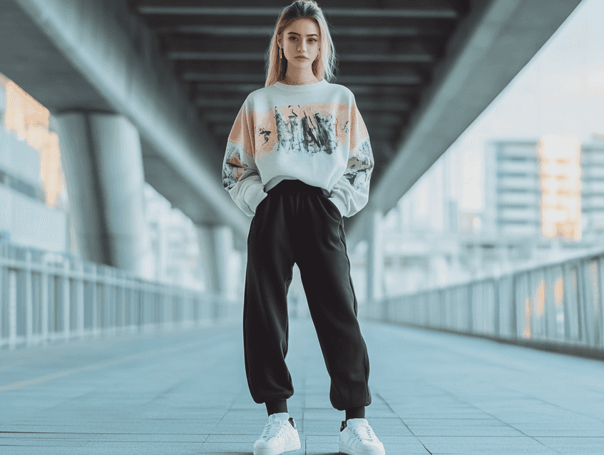 A curated flat lay of a cozy sweater, sweatpants, and accessories like a scarf and sneakers