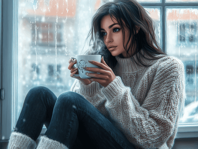 A stylish flat lay of trendy clothing items including sweaters, jeans, and accessories