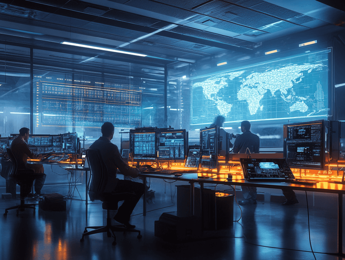 Investigators reviewing black box data in a high-tech lab