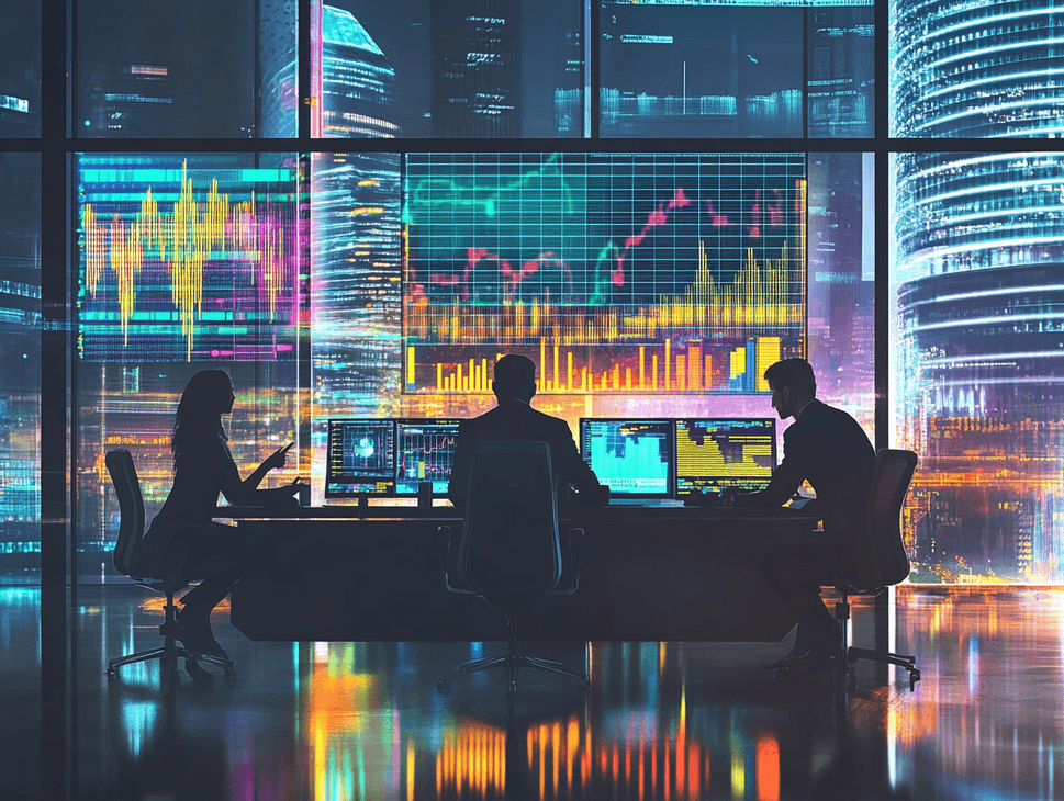 A futuristic AI interface with financial graphs in the background