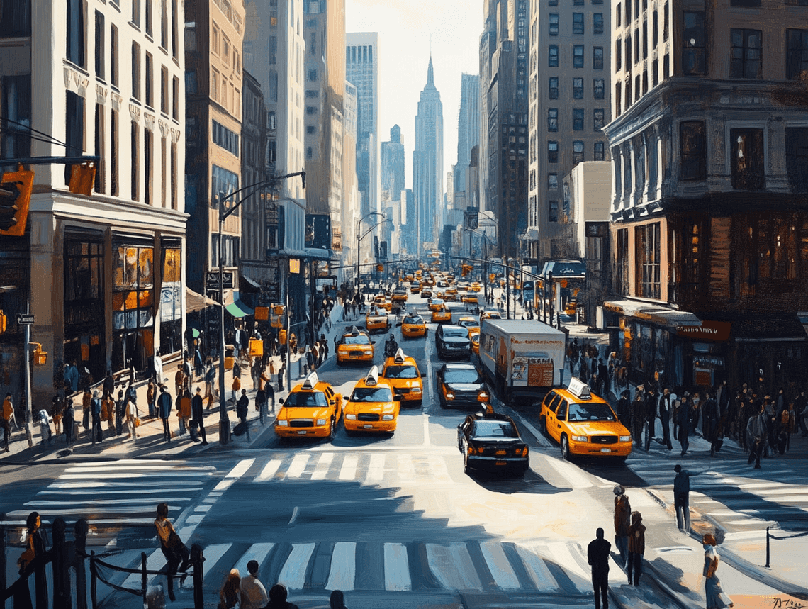 A bustling New York City street with high-rise buildings and busy sidewalks