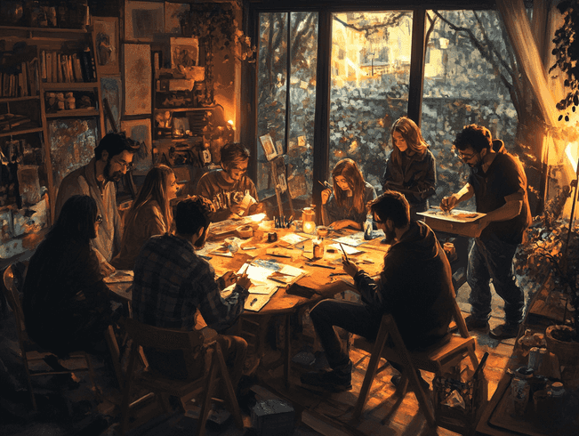 A creative workspace with vibrant paints, brushes, and a canvas in progress